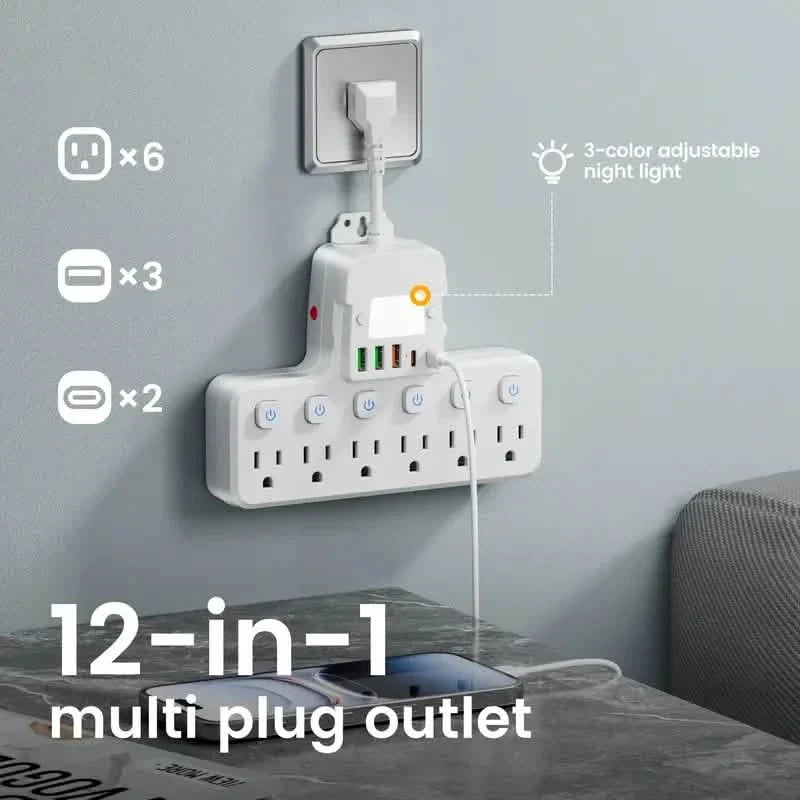 12-in-1 Adjustable Desk Lamp Power Strip – 6 AC Outlets, 3 USB-A & 2 Type-C Ports, Surge Protection